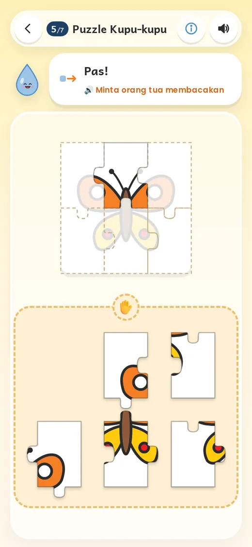 Aktivitas puzzle kupu-kupu, keping terpasang dengan pesan Pas!